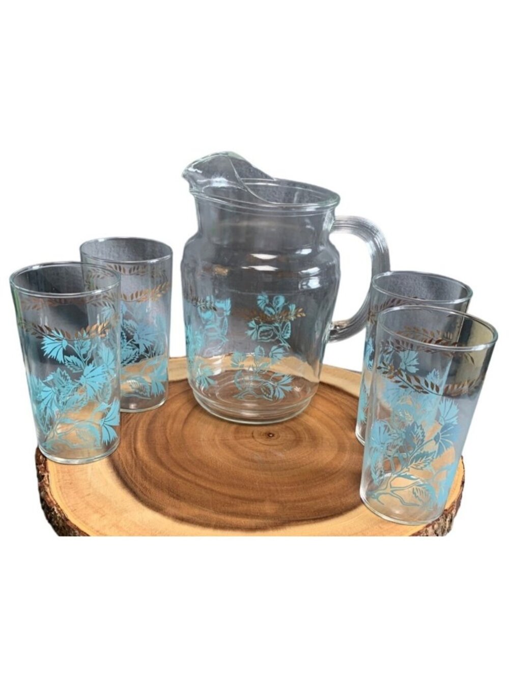 Hazel Atlas Depression Glass Pitcher Glass Set 1930s Blue Floral Gold Accents